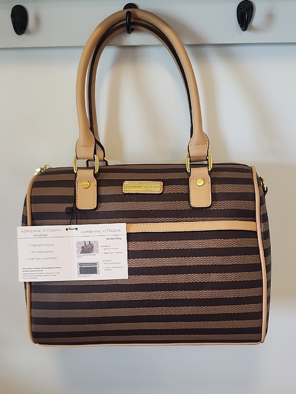 Adrienne Vittadini Brown Striped Satchel with Tan Trim